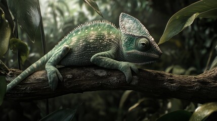 Fototapeta premium Chameleon Camouflaged in Tropical Environment