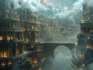 Obraz premium Fantasy Cityscape: A Glowing Stone Castle in the Clouds