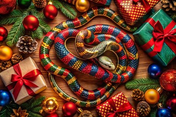 Vibrant aerial shot of a colorful snake intertwined with Christmas presents, capturing the essence of festive wildlife in a unique and playful