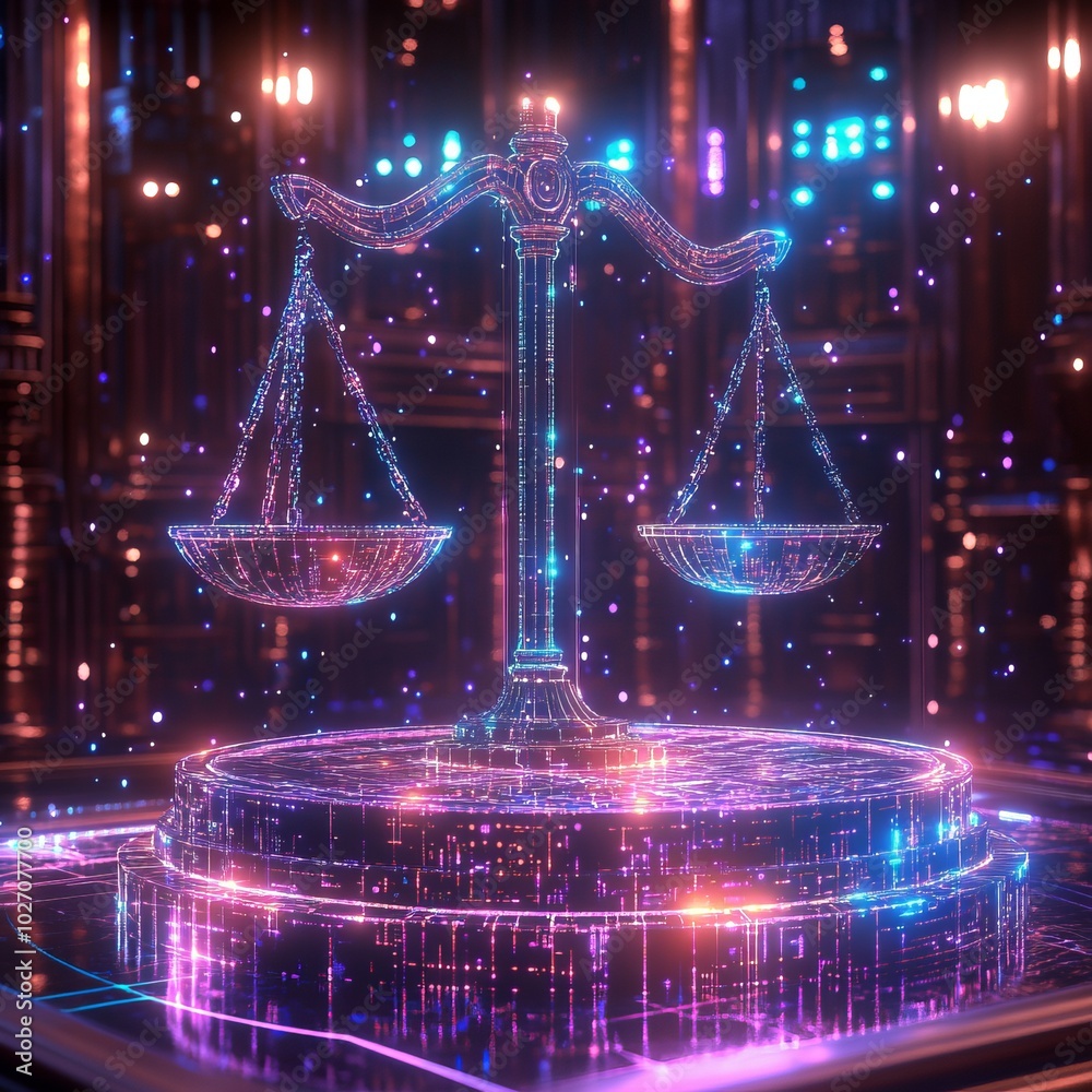 Sticker A glowing, digital scale of justice in a futuristic setting.