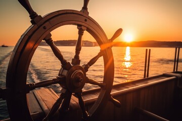 Captivating Sunset at Sea Behind Ship Wheel