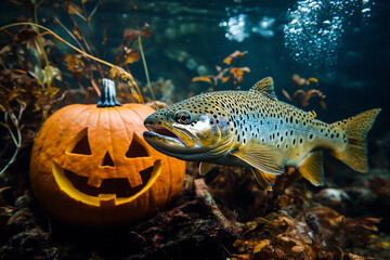 Halloween Underwater. A Brown Trout Encounters a Jack-o&rsquo;-Lantern Pumpkin Amidst Autumn Aquatic Plants