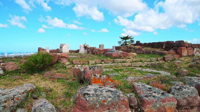 Archaeological Park of Monte Sirai Nuraghe phoenician neolithic ancient ruins building foundation village by gulf of Palmas in Sardinia, Italy