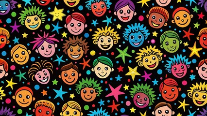 Fototapeta premium Vibrant cartoon faces and playful stars create a lively pattern against a striking black backdrop, perfect for imaginative designs and eye-catching