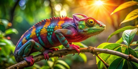 Fototapeta premium Vibrant Chameleon on Branch in Lush Jungle Landscape Photography