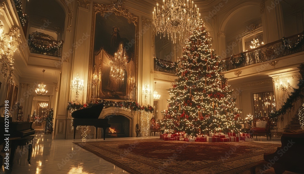 Wall mural A grand, luxurious living room decorated for Christmas with a large Christmas tree, gifts, and a piano.