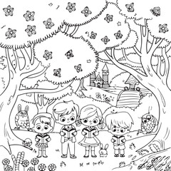Kids Reading Books in Magical Forest Illustration
