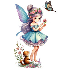 Fairy girl with wings and floral crown surrounded by flowers and butterflies. Watercolor isolated on transparent background.