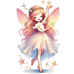 Fairy girl with floral crown, and gemstone accessory wearing a pastel dress. Watercolor sticker isolated on transparent background.