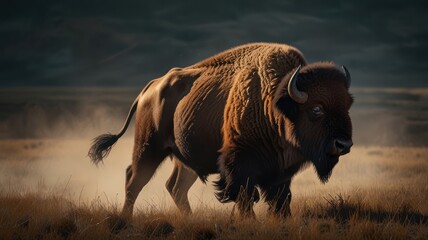 a powerful fierce bison, its massive horns curving upwards and its thick fur dusted with dirt. The bison's piercing eyes and determined expression convey a sense of strength and resilience.