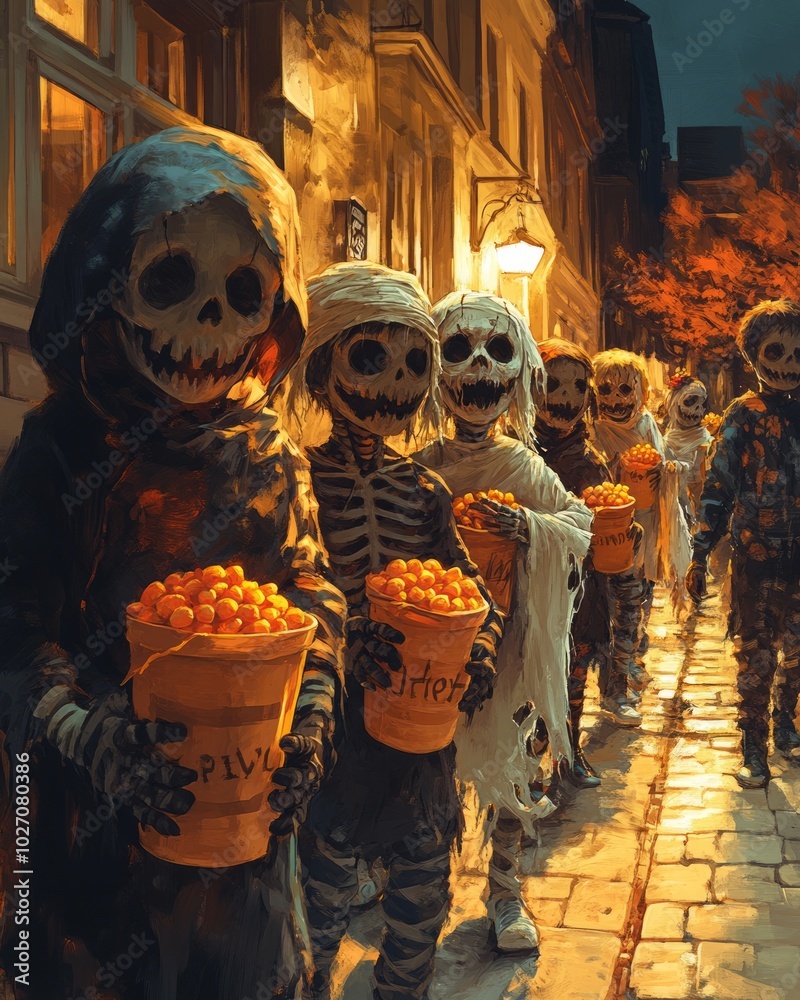 Canvas Prints A group of children dressed in costumes, holding buckets of candy, walk down a street at night.