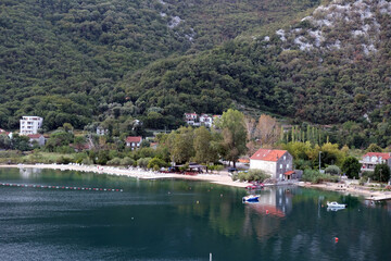 Fototapeta premium Aerial view to the small village Morinj in the Kotor bay, Montenegro
