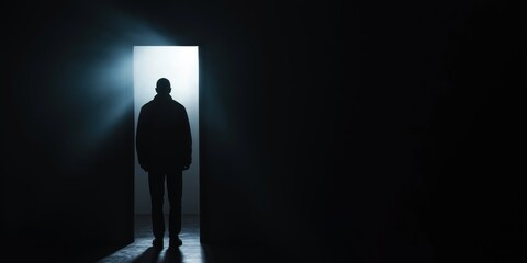 Obraz premium A silhouette of a person is seen walking into a brightly lit doorway, surrounded by darkness, symbolizing transition, hope, and new beginnings amid uncertainty.