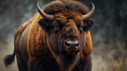 a powerful fierce bison, its massive horns curving upwards and its thick fur dusted with dirt. The bison's piercing eyes and determined expression convey a sense of strength and resilience.