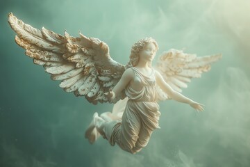 A serene angel sculpture gracefully descends through ethereal mist, symbolizing peace, protection, and divine guidance.