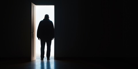Obraz premium A silhouetted man stands at the threshold of an open door, stepping into a shadowy room, eliciting themes of transition and the journey from light to darkness.