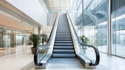 Empty escalator in a modern office building