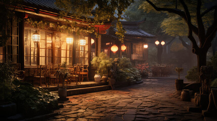Fototapeta premium Enchanting Twilight in a Traditional Asian Courtyard