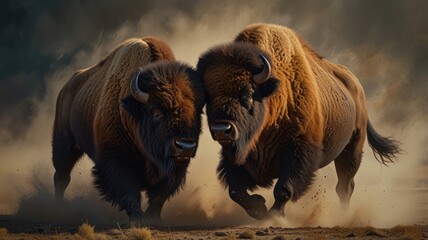 a powerful bison engaged in a fierce battle. Their massive horns clash as they push against each other. Dust swirls around them, obscuring the scene in a cloud of brown haze.