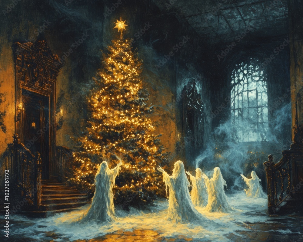 Wall mural a group of ghostly figures gather around a christmas tree in a dilapidated building.