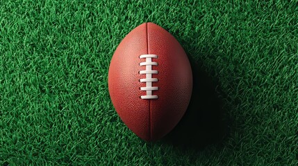 Obraz premium A clean top-down view of an American football resting on fresh, vibrant green field grass. The ball is centered, surrounded by open space for text