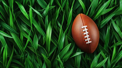 A detailed close-up of an American football resting on fresh green grass, top view with generous open space around for text insertion
