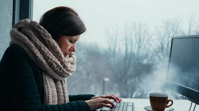A woman in her 40s, wrapped in a scarf and sweater, works on her computer at home with a cold, overcast winter scene outside, highlighting remote work, heating costs, and rising utility bills. 