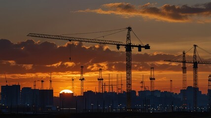 Obraz premium Silhouettes of construction cranes against a fiery sunset over a cityscape.