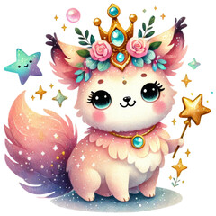 Fototapeta premium Fantasy animal with unicorn horn, rainbow elements, and stars. Watercolor sticker isolated on transparent background.