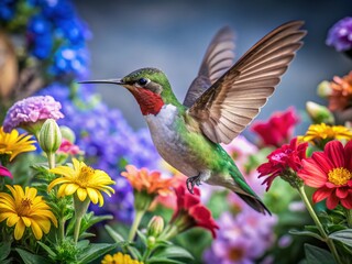 Obraz premium Vibrant Hummingbird Among Colorful Flowers on White Background - Nature's Beauty Unveiled