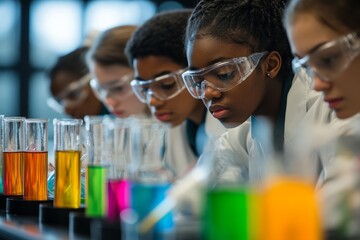 Diverse group of students in lab coats and safety glasses conducting an experiment with colorful liquids in test tubes.