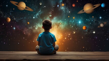 A kid looking at a universe concept to commemorate the importance of books and celebrate International Literacy Day.