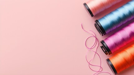 Assorted vibrant sewing threads scattered on a pale pink surface, flat lay composition, high contrast