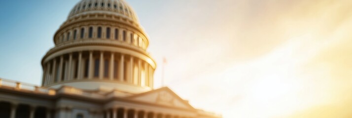A blurred photograph captures the majestic U.S. Capitol with its iconic dome under a bright sky, symbolizing governance and democracy in a contemporary setting.