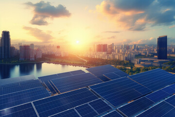 Urban Renewable Energy: Solar Panels at Sunset