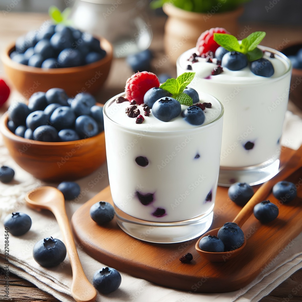 Wall mural a couple of glasses of creamy yogurt and fresh blueberries are perfect for a healthy snack or breakf