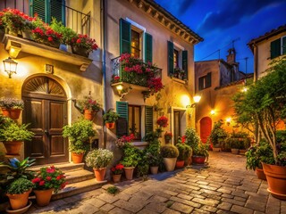 Obraz premium Vibrant Mediterranean Night Scene: Italian Architecture Awash in Colorful Sunlight