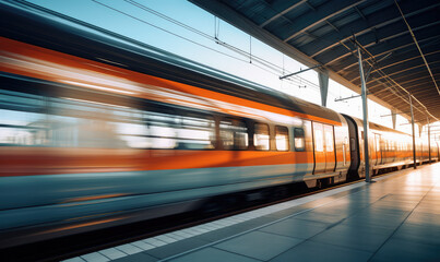 Speeding Train at Sunset Railway Station