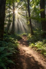 A path through a magical forest where light and shadow dance together.