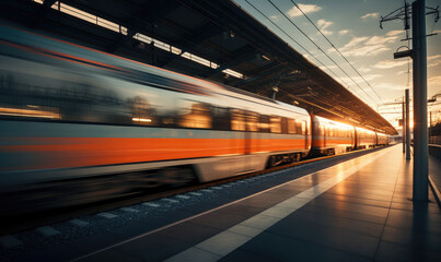 Naklejka premium Sunset Blur: Speeding Train at Dusk