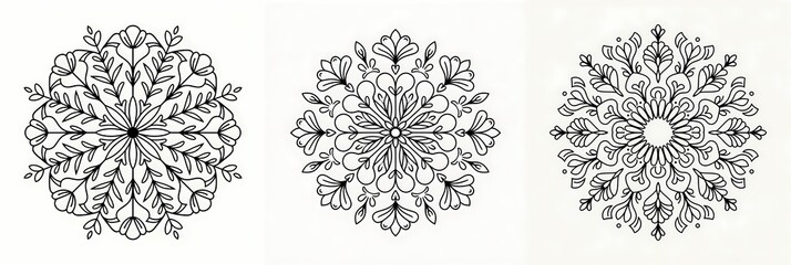 three intricate mandala designs, each showcasing unique patterns and symmetrical elements. 