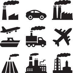Pollution Sources Icons - Industrial and Transportation Silhouettes