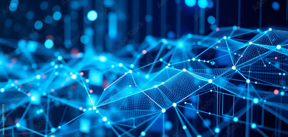 Wall mural abstract digital network with connected nodes, blue technology background for data visualization, we