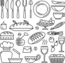 Catering icon set. Containing fork, spoon, knife, plate, cloche, tray, chef hat, beverage, food, dining table, and waiter. Cutlery or tableware in restaurant. Vector illustration, silhouette