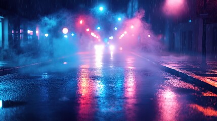 Vibrant Night Street with Fog and Reflections