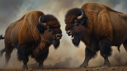 a powerful bison engaged in a fierce battle. Their massive horns clash as they push against each other. Dust swirls around them, obscuring the scene in a cloud of brown haze.