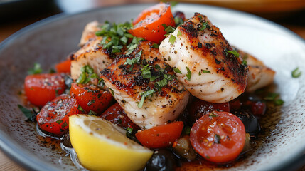Delicious grilled fish with cherry tomatoes and olives on ceramic plate