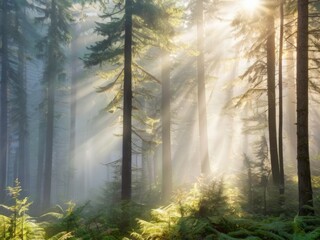 Obraz premium Morning Mist in the Evergreen Forest Sunbeams Through Trees Ai Generative 