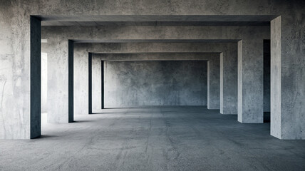 Empty Concrete Hallway Grey Walls Ceiling Supports Spacious Ambiance