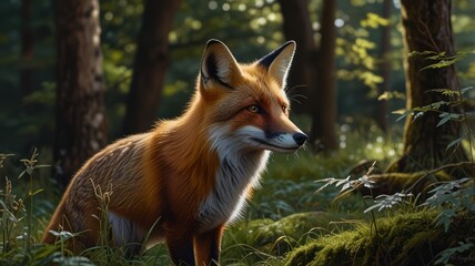 a fox standing tall in a sun-dappled forest, its eyes gleaming with intelligence and curiosity. The fur blends seamlessly with the foliage, creating a sense of camouflage.